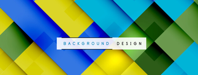 Fototapete - Colorfulness abounds in the azure, yellow, and green squares on the vibrant background. The triangles and rectangles create a dynamic pattern on the electric blue backdrop