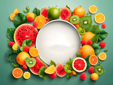 Hello, summer with fruits background template. Hello summer text in a white frame with tropical fruits elements like watermelon, calamari, kiwi, orange, and lemon in the sand background