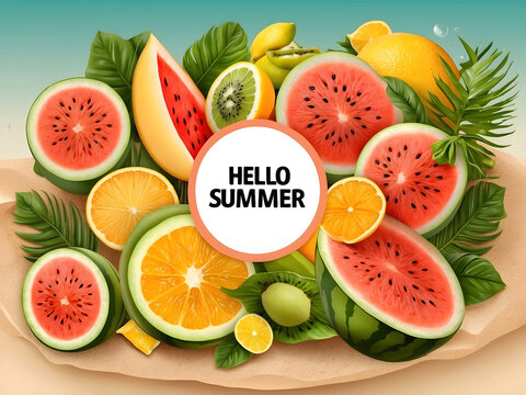 Hello, summer with fruits background template. Hello summer text in a white frame with tropical fruits elements like watermelon, calamari, kiwi, orange, and lemon in the sand background