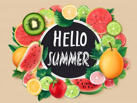 Hello, summer with fruits background template. Hello summer text in a white frame with tropical fruits elements like watermelon, calamari, kiwi, orange, and lemon in the sand background