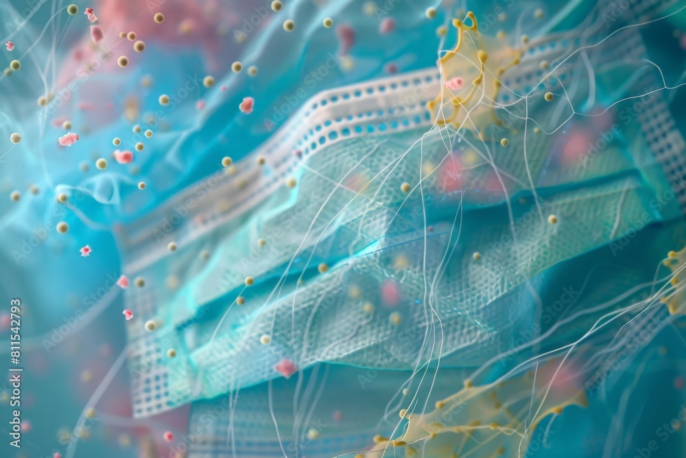 A microscopic view of a face mask filter, highlighting the captured ...