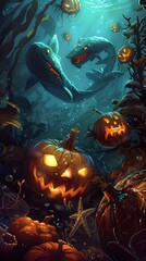 Wall Mural - Underwater Halloween Scene with Sharks Pumpkins and Mysterious Sea Creatures