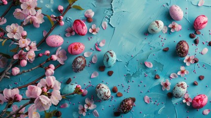 Wall Mural - Easter celebration with vibrant chocolate eggs and cherry blossoms on blue backdrop Top notch image