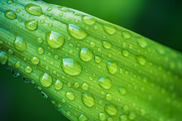 Wall Mural - Raindrops on fresh green leaves on natural lush. Macro photo of water droplets on leaves texture. Closeup waterdrop on green leaf in soft sunlight tranquil ecology. Summer, spring nature background