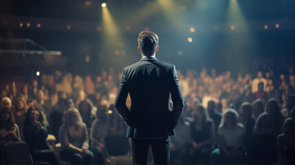 Wall Mural - Man stand on stage and presentation to huge group of people in hall, blur background, back of man, turn back