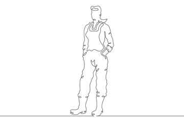 Poster - woman farmer in overalls and boots. the female character is engaged in agriculture. villager. garden