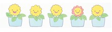 Five Cheerful Cartoon Flowers With Smiling Faces In Blue Pots, Perfect For Children's Book Illustrations Or Decor.