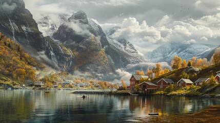 Wall Mural - The Norwegian fjords, captured in the style of Turner's Romanticism, art style. copy space for text.