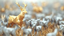 Majestic Gold Origami Stag Guiding A Herd Of Silver Deer Generative Ai