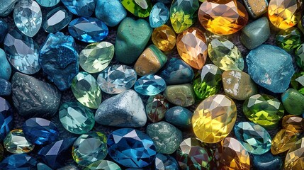 A collection of loose zircons, showcasing their various colors, including blue, green, and yellow.