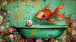 Gold fish  in a vintage green bathtub. Fantastical colorful artwork with weird animal