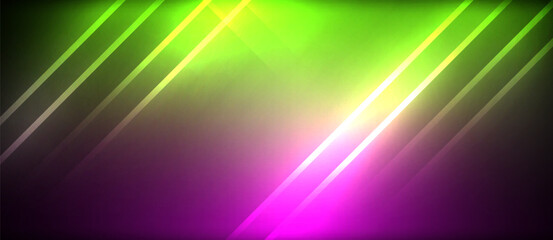 Poster - Experience an explosion of colorfulness with purple, violet, and magenta lines against an electric blue background. This neon art features visual effect lighting and lens flare, perfect for any event