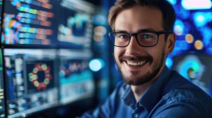 Wall Mural - Portrait of a Smart and Handsome IT Specialist Wearing Glasses Smiles, Behind Him Personal Computers with Screens Showing Software Program with Coding Language Interface in Data Center