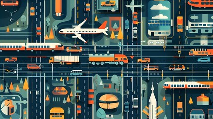 Poster - Vibrant Aerial View of Bustling International Airport Hub with Planes Vehicles and Intricate