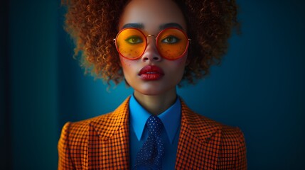 Poster - Female African-American business executive - orange jacket - blue shirt - blue tie 