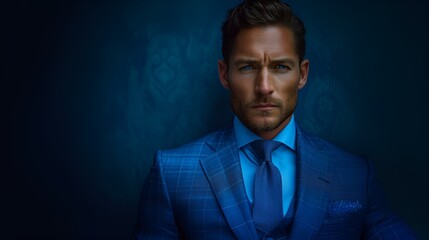 Wall Mural - portrait of a man Male fashion model - fashion shoot - wearing a high-end business suit - quirky charm - eccentric vibe - intense expression - magazine shoot - blue background 