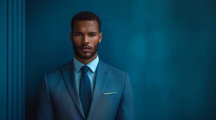 Wall Mural - African-American Male fashion model - fashion shoot - wearing a high-end business suit - quirky charm - eccentric vibe - intense expression - magazine shoot - blue background 