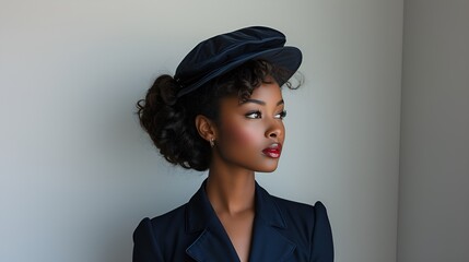 Poster - Female African-American fashion  model - fashion shoot - wearing a high-end business suit - quirky charm - eccentric vibe - intense expression - magazine shoot