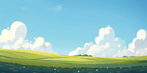 Cartoon style field landscape background, vibrant beautiful minimal wide banner backdrop Summer season, generated ai