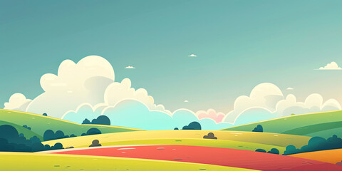 Cartoon style field landscape background, vibrant beautiful minimal wide banner backdrop Summer season, generated ai