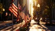 American flags in the streets of New York City at sunset. Close up.