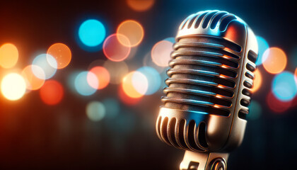 Poster - A close-up of a vintage microphone, with a bokeh background, concept of music or broadcasting. Generative AI