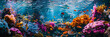 underwater wonderland featuring a variety of colorful fish and coral, including orange, yellow, and blue varieties, as well as a vibrant purple flower
