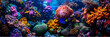 underwater wonderland featuring a variety of colorful fish and corals, including purple, blue, yellow, and green varieties, as well as a vibrant purple flower