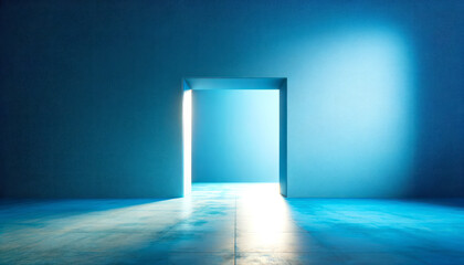 Aufkleber - Illuminated open doorway, contemporary style, on a blue textured background, concept of opportunity. Generative AI