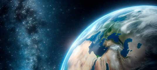 Poster - Earth viewed from space against a starry sky, embodying a concept of exploration, on a dark cosmic background. Generative AI