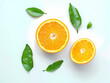 Orange with sliced and green leaves isolated on white background. illustration