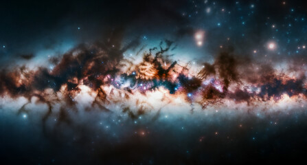 Poster - A vibrant image displaying a cosmic scene with nebulae and stars on a dark space background, exuding a cosmic concept. Generative AI