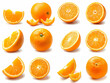 Set of Orange with sliced and green leaves isolated on white background. illustration