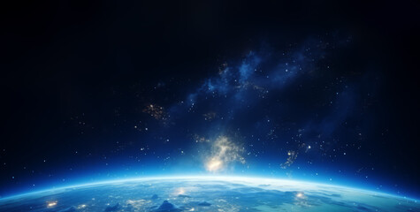 Poster - A view of Earth from space with a vibrant galaxy in the background, depicting the concept of space exploration. Generative AI