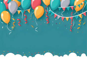 a bunch of colorful balloons and confetti with a banner for happy birthday celeberation