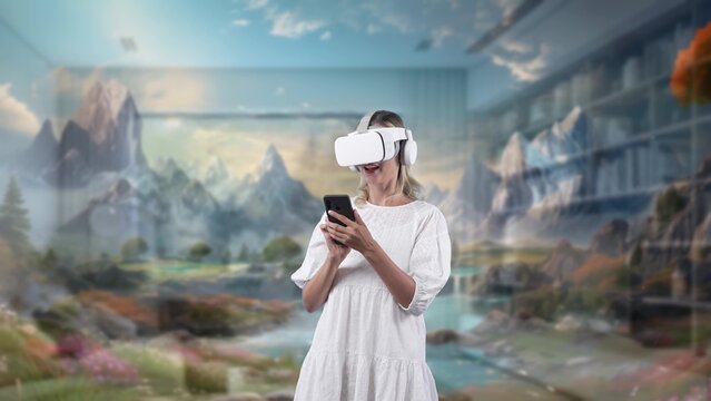 Excited girl living room using VR and smartphone to connect meta surround fantasy mountain ice with snow falling water stream in magical beautiful wonderland fantastic dreamy at morning. Contraption.