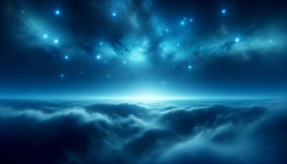 Poster - Ethereal clouds and starry night sky, digital artwork, placed on a dramatic celestial background, concept of exploration. Generative AI