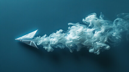 Poster - A paper plane surrounded by smoke trails on a blue background, representing creativity and inspiration. Generative AI
