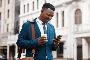 Poster - Businessman, phone and typing in city for reading text, conversation and work commute with coffee. Male banker, mobile app and message by street for communication and online news for morning travel