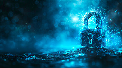 Wall Mural - A digital padlock illustration with particles on a bokeh blue background, symbolizing cybersecurity. Generative AI