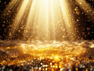 Poster - Golden glitter on a wavy surface with light rays, set against a dark background, concept of luxury and celebration. Generative AI