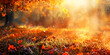 Autumn Amber Sunburst Background. Autumn leaves on the ground are visible in the field in the style of lens flares. 

