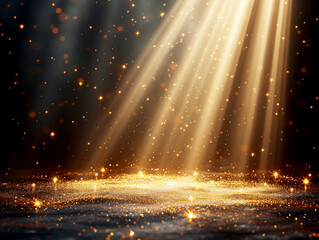 Poster - Golden sparkles with beams of light on a dark background, conveying a magical atmosphere. Generative AI