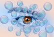 Close-up girl hazel eye of a teenager surrounded by soap bubbles