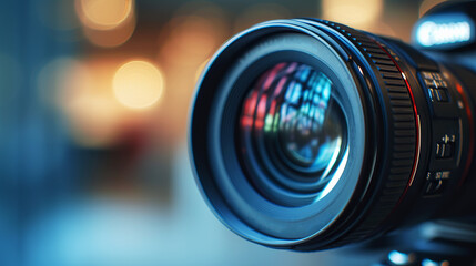 Poster - Close-up of a camera lens with reflection, bokeh lights in the background, concept of photography equipment. Generative AI