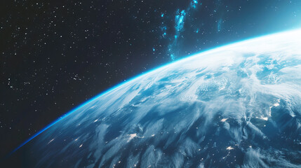 Poster - Earth from space with visible continents, stars, and atmospheric glow, on a starry space background, illustrating the concept of space exploration. Generative AI