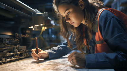 Poster - A woman engineer working on technical drawings in an industrial setting, realistic style, machinery background, concept of innovation. Generative AI
