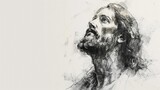 pencil drawing of a religious picture of Jesus Christ on a white backdrop with copy space.