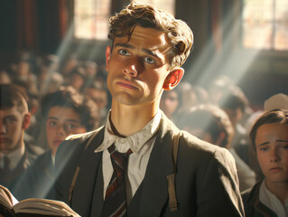 Poster - Young man in a vintage classroom setting with sunbeams, concept of learning or inspiration. Generative AI