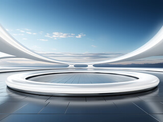 Poster - A futuristic circular platform with sleek curves against a sky and mountain background, ideal for product presentation. Generative AI
